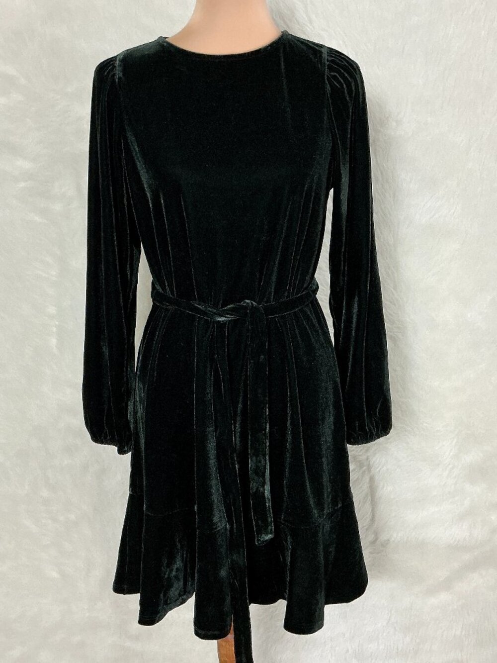 J. Crew Factory Black Velvet Tie Waist Long Sleeve Ruffle Hem Mini Dress NWT S